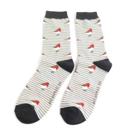 Christmas Bamboo Socks For Men - Robins on Stripes
