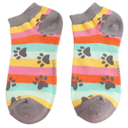 Bamboo Trainer Socks For Women - Paw Prints & Stripes