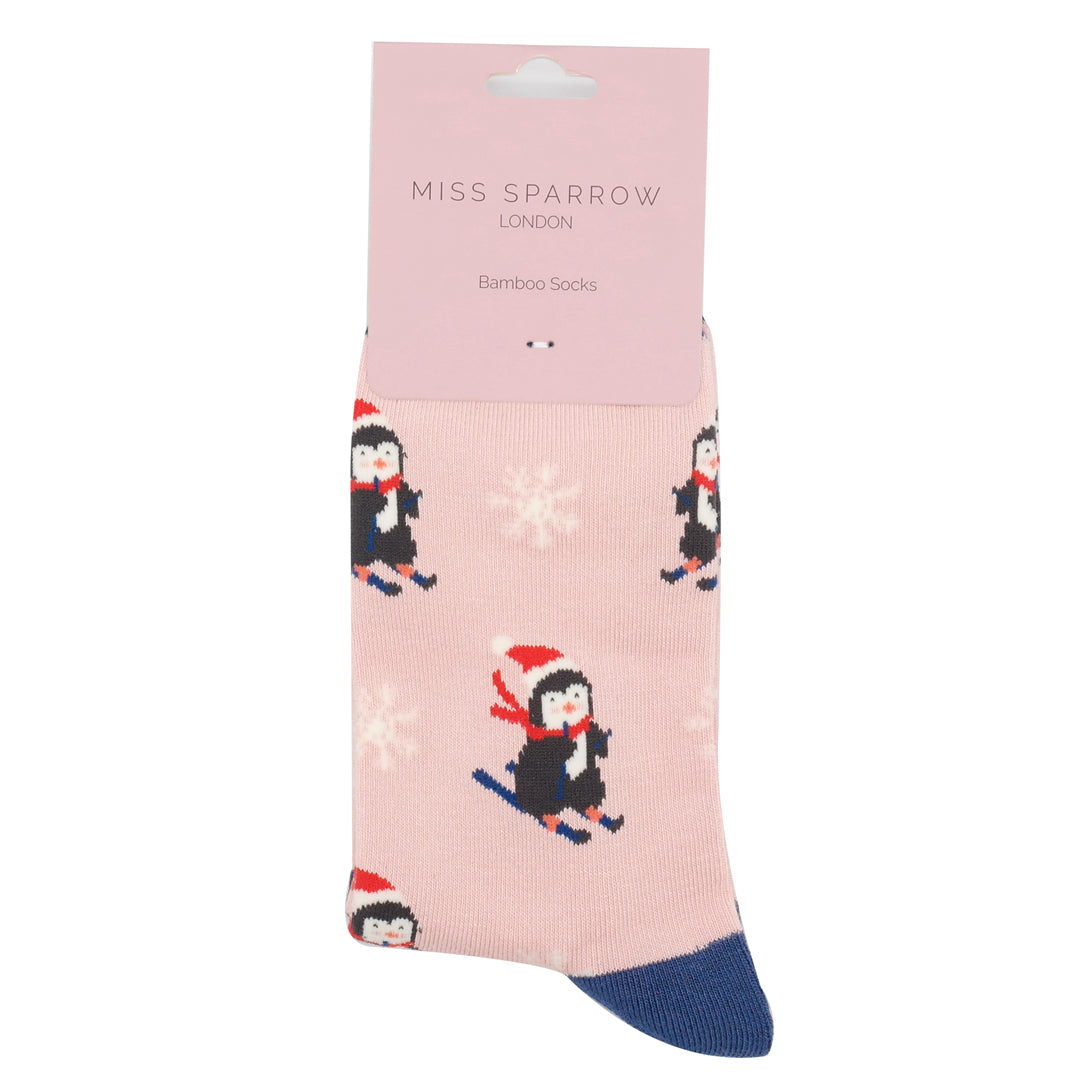 Christmas Bamboo Socks For Women - Skiing Penguins