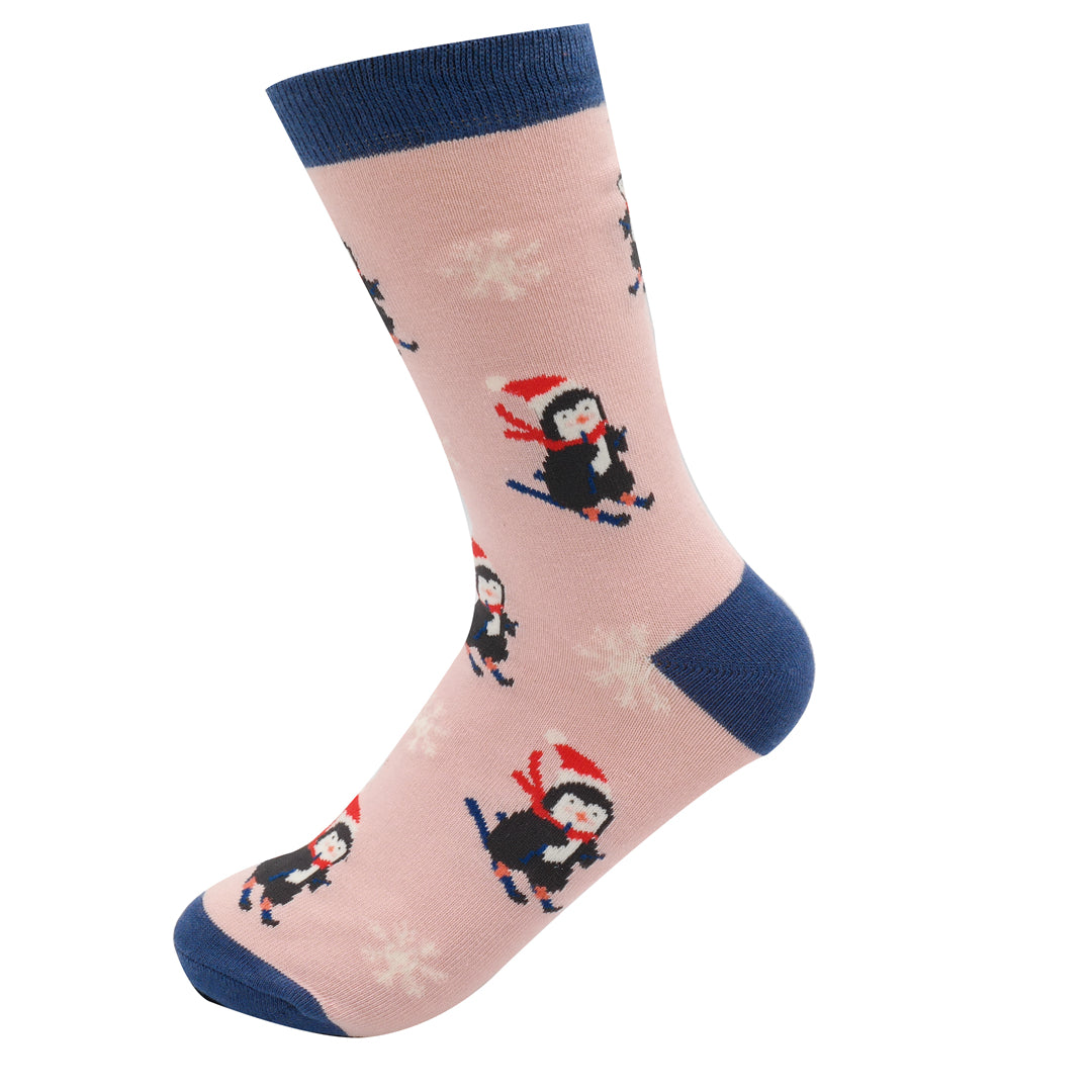 Christmas Bamboo Socks For Women - Skiing Penguins