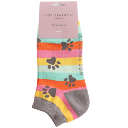 Bamboo Trainer Socks For Women - Paw Prints & Stripes