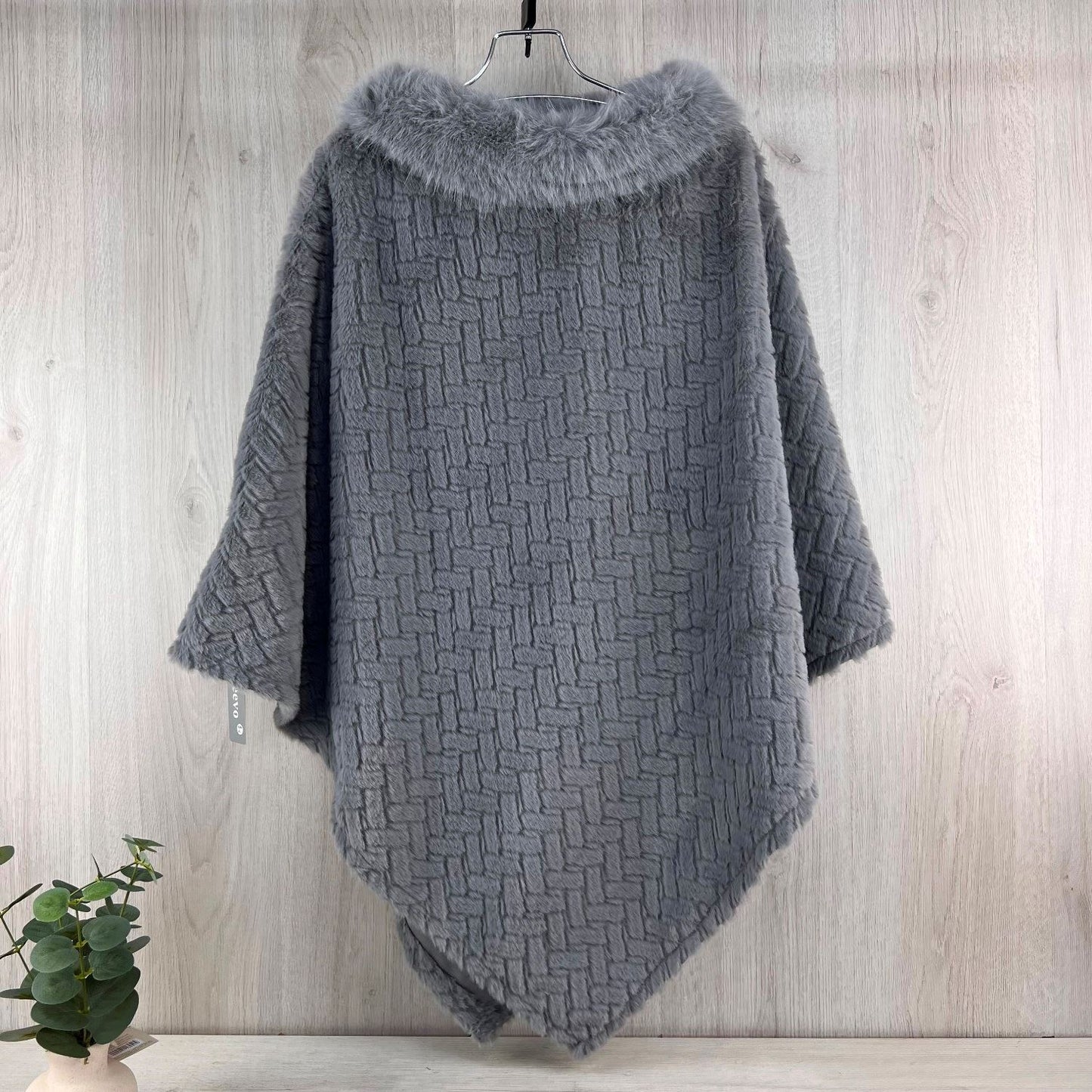 Luxurious Velour Poncho With Fur Collar