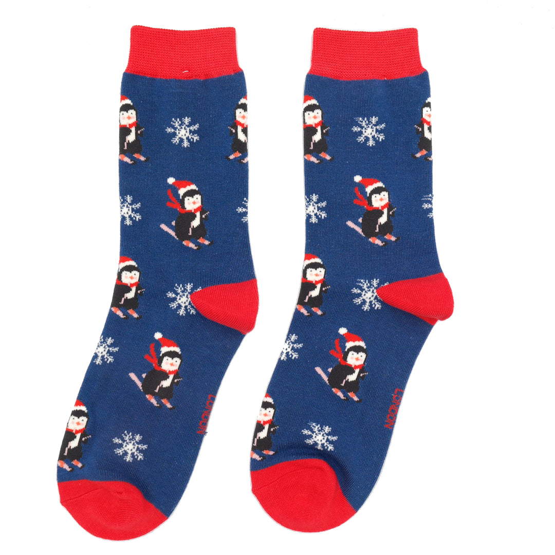 Christmas Bamboo Socks For Women - Skiing Penguins