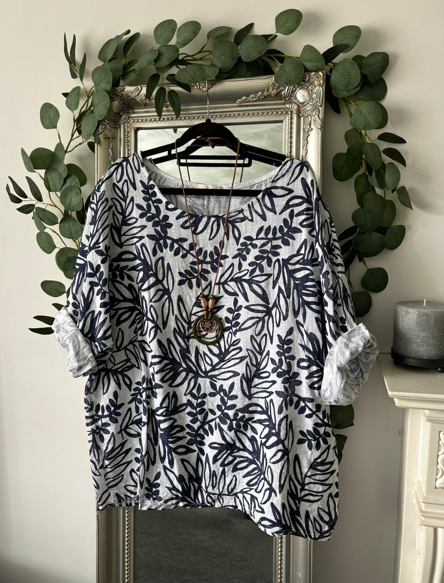 Leaf Print Cotton Tunic With Necklace