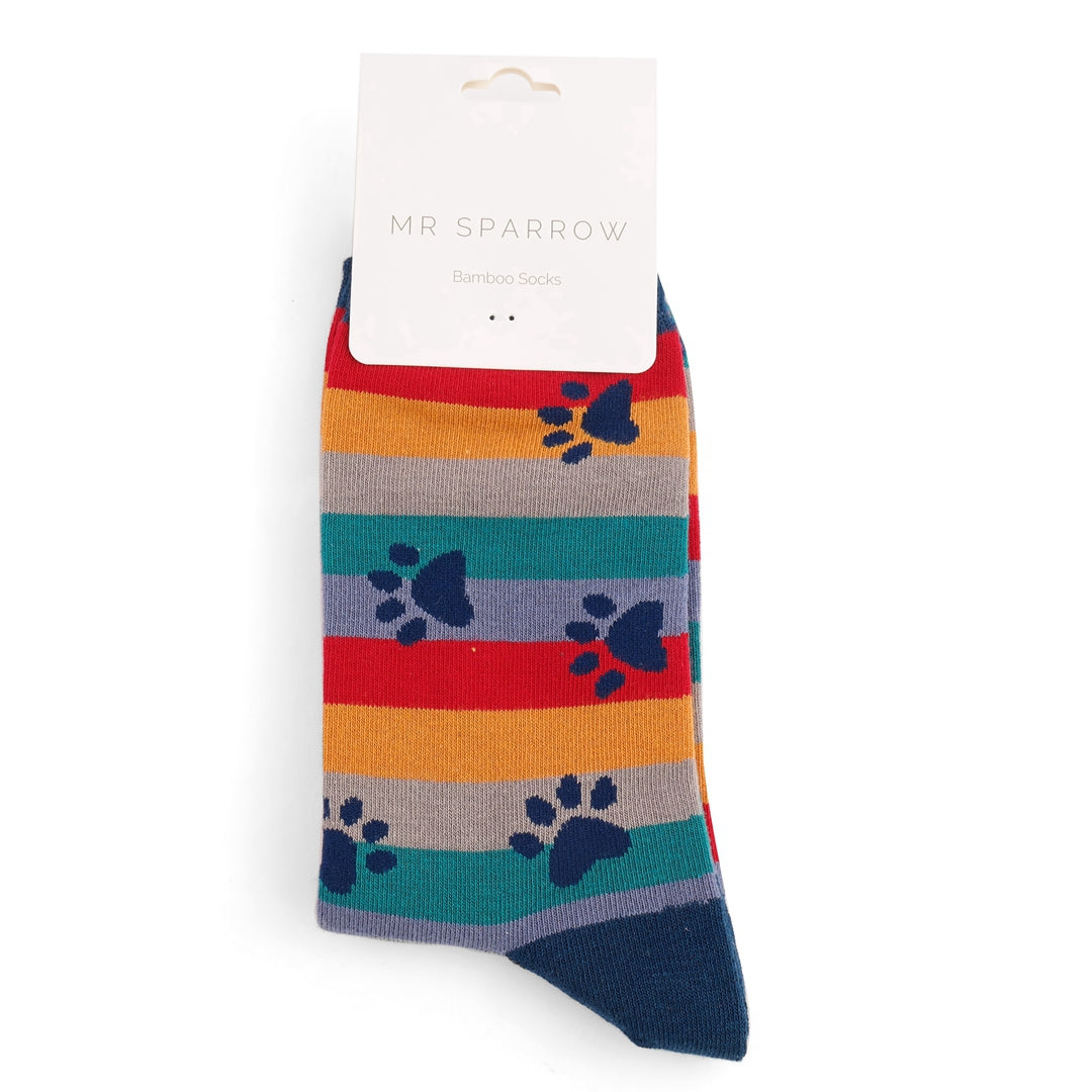 Bamboo Socks For Men - Paw Prints & Stripes