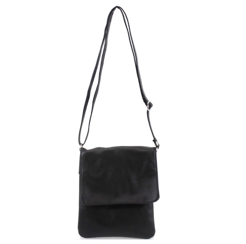Italian Leather Cross Body Bag - Black