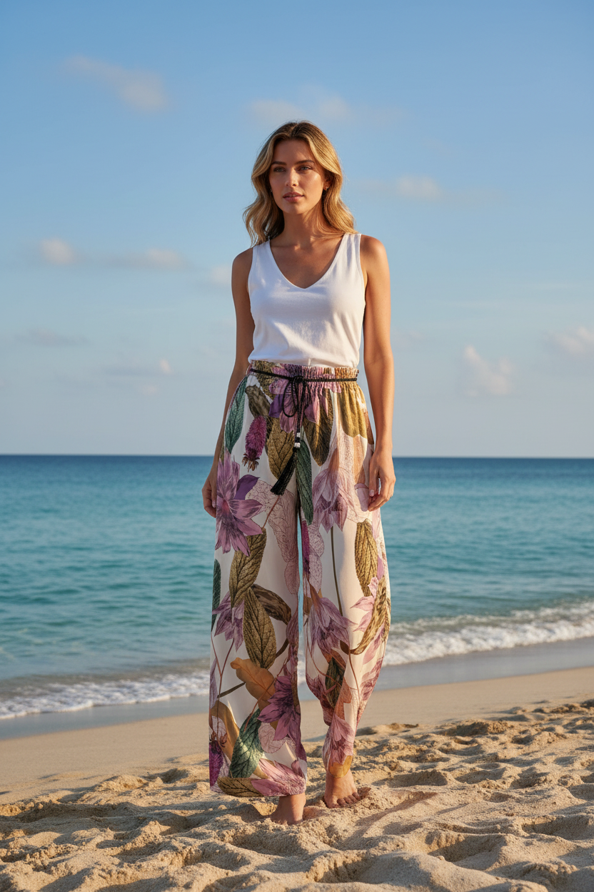 Silky Tropical Palazzo Trousers
