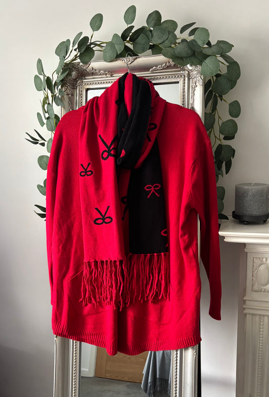 Plain Jumper With Reversible Bow Print Scarf