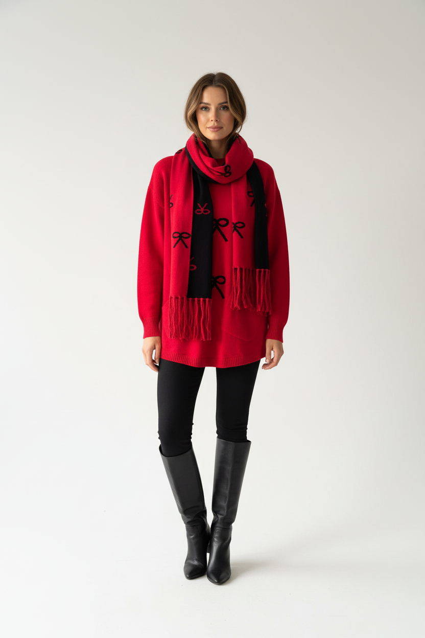 Plain Jumper With Reversible Bow Print Scarf