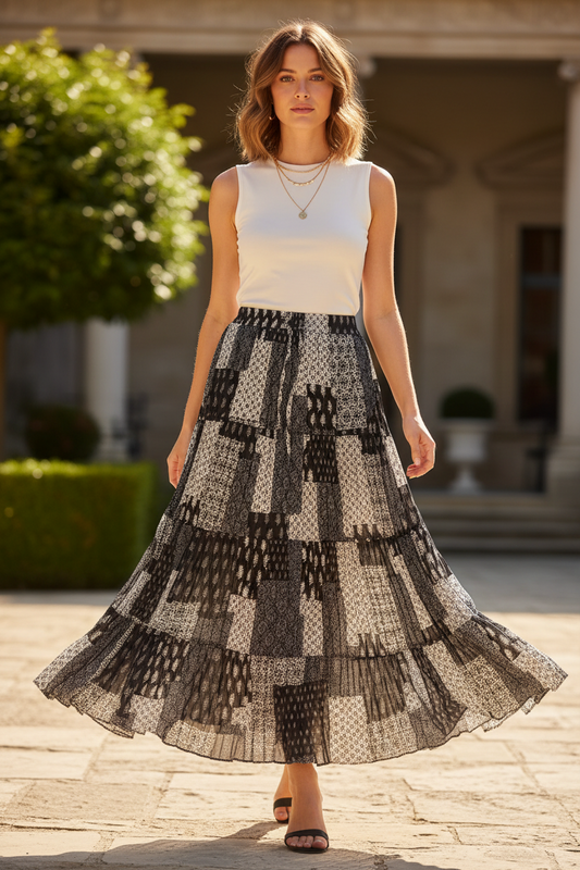 Cotton Patchwork Print Skirt - Black & White