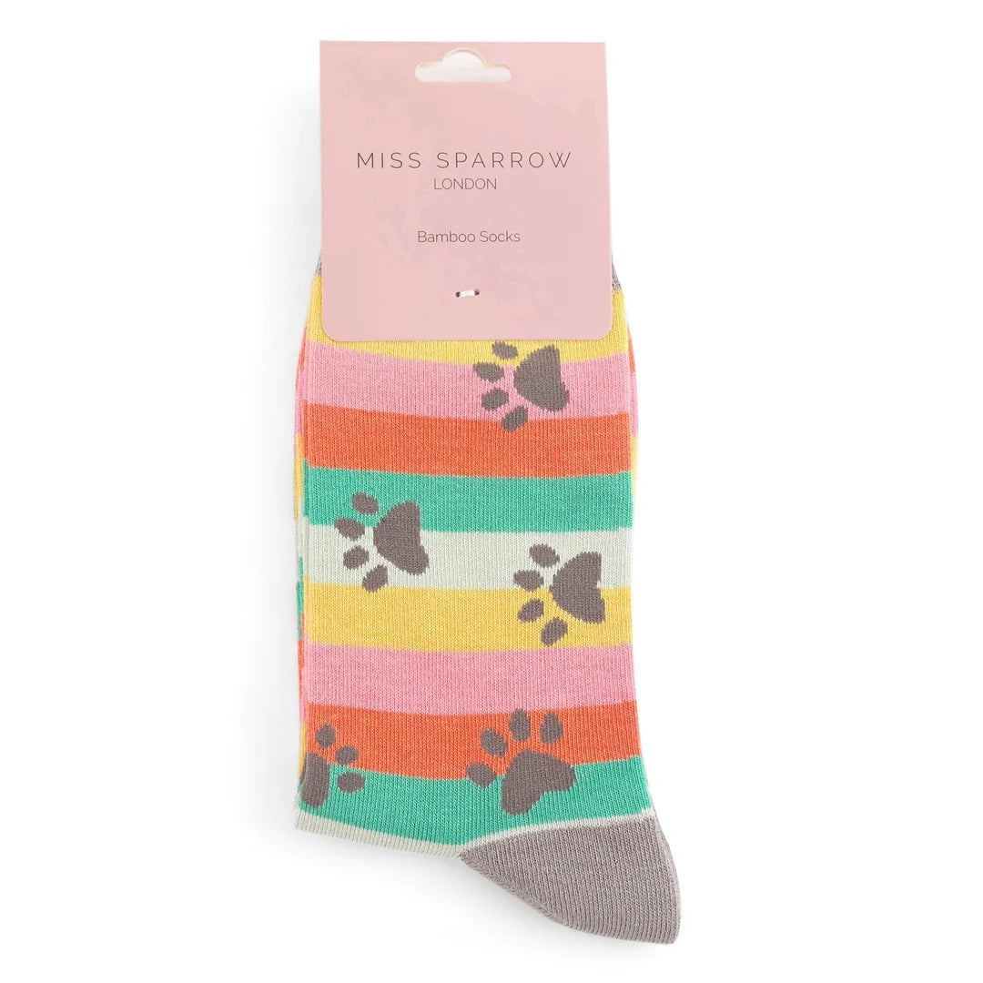 Bamboo Socks For Women - Paw Prints & Stripes