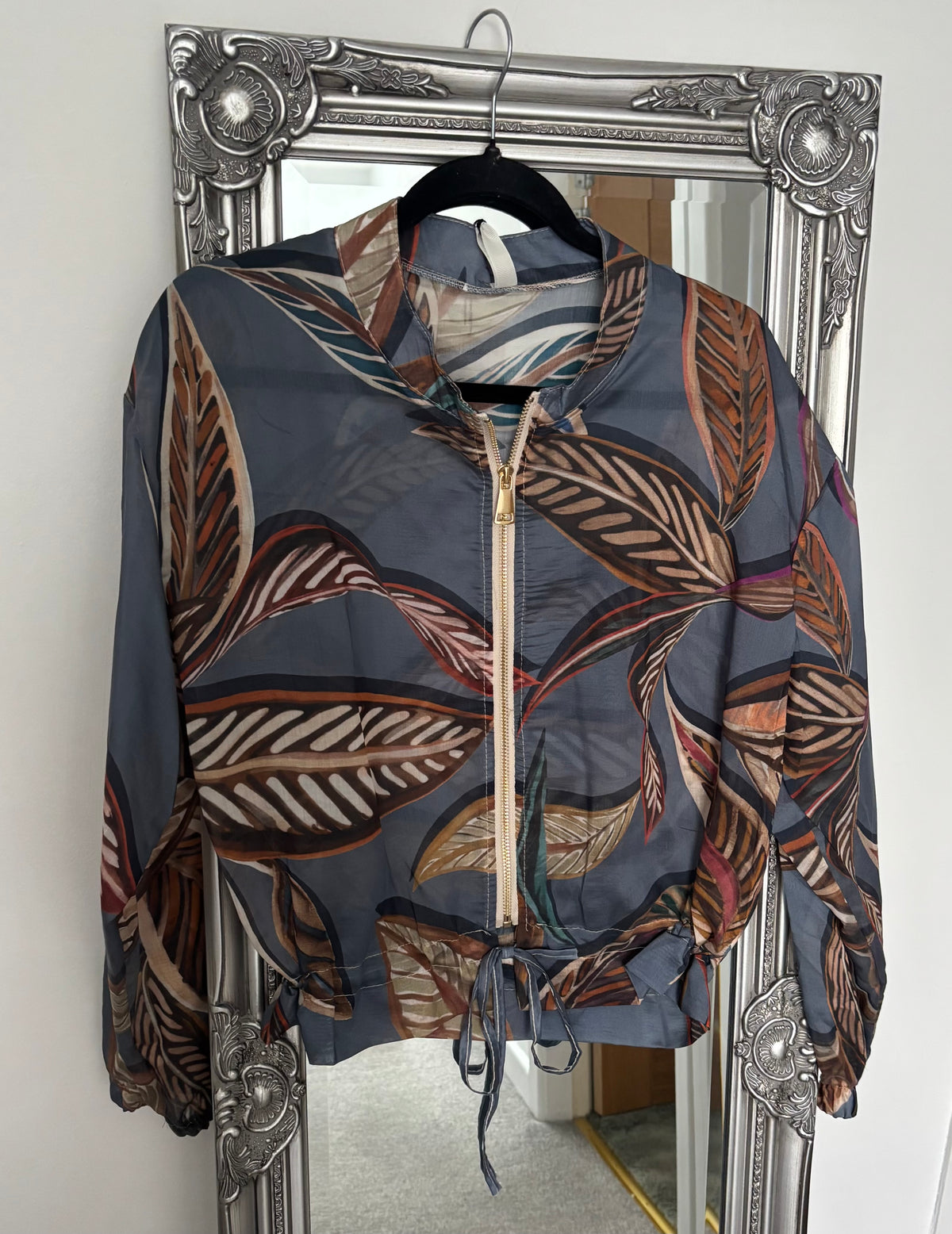 Leaf Print Chiffon Zip Jacket