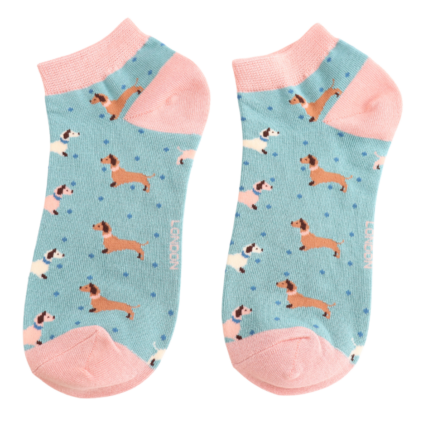 Bamboo Trainer Socks For Women - Sausage Dogs & Spots