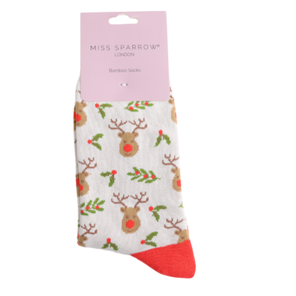 Christmas Bamboo Socks For Women - Reindeer & Holly