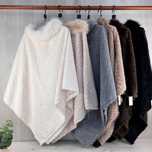 Luxurious Velour Poncho With Fur Collar
