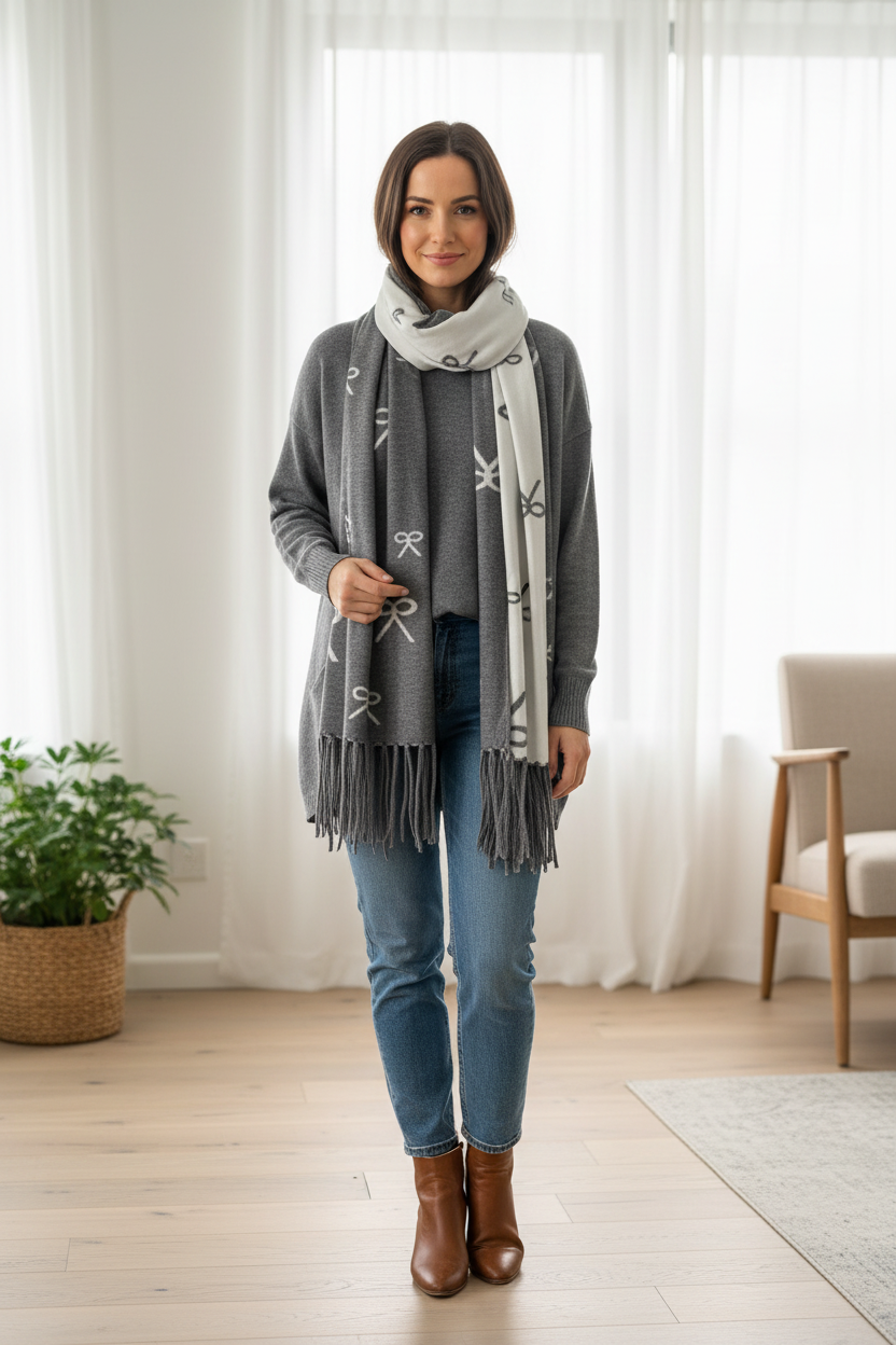 Plain Jumper With Reversible Bow Print Scarf