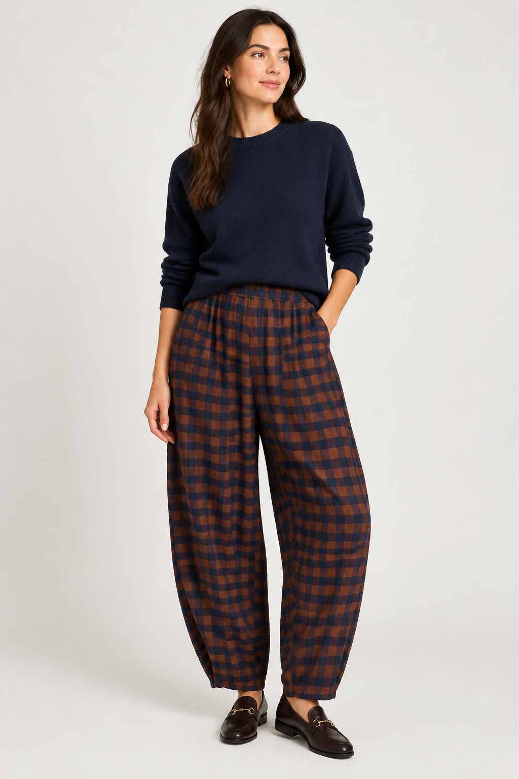 Check Barrel Leg Trousers