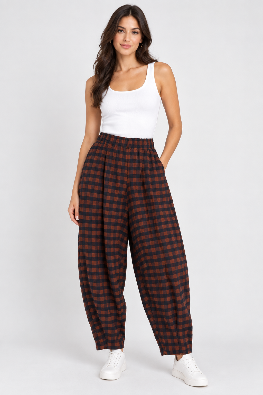 Check Barrel Leg Trousers