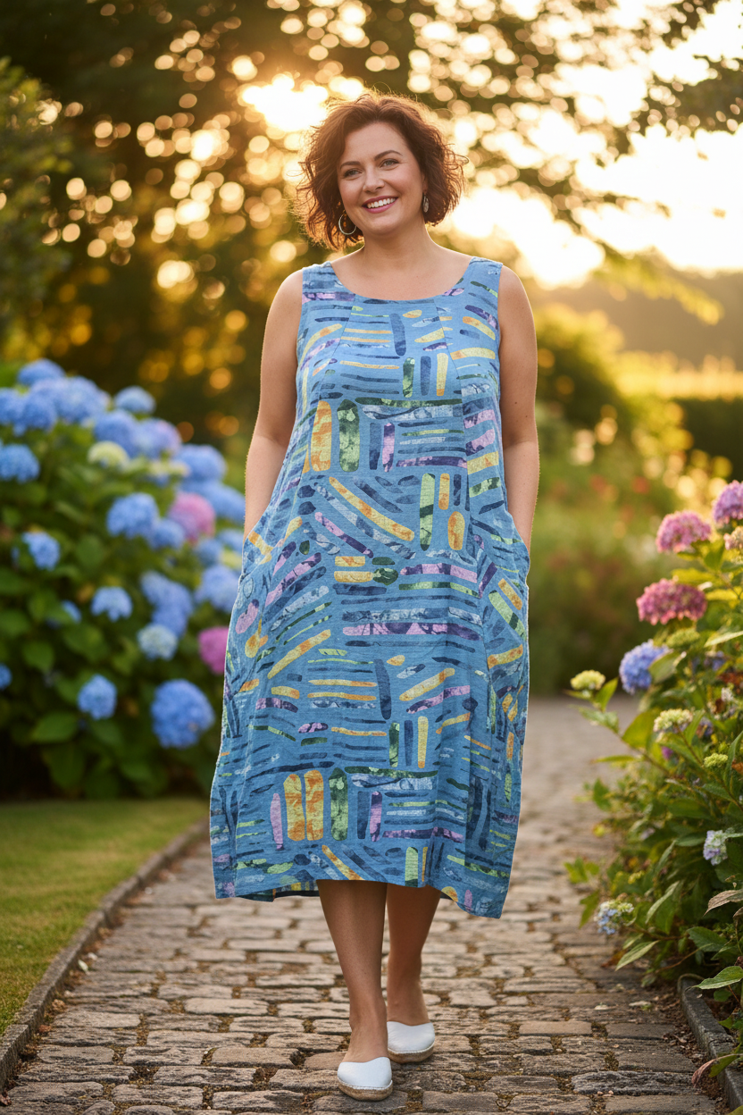 Sleeveless Cotton Stick Print Dress