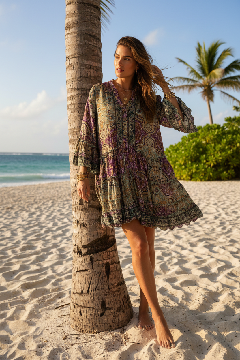 Silk Boho Tunic Dress - Aqua/Lilac