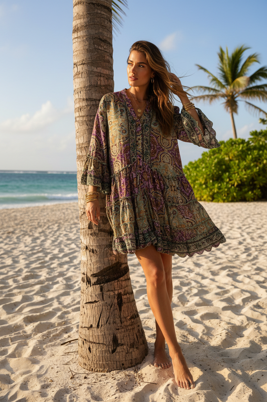 Silk Boho Tunic Dress - Aqua/Lilac