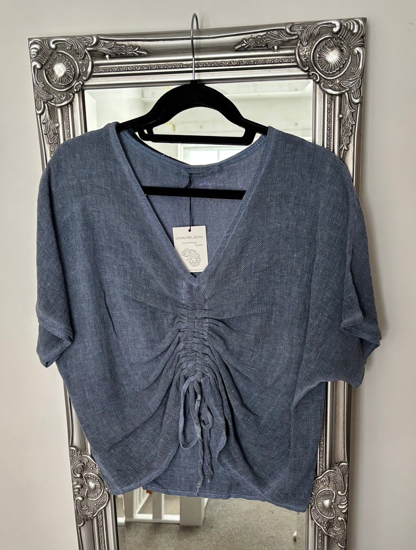 Cotton/Linen V Neck  Ruched Top