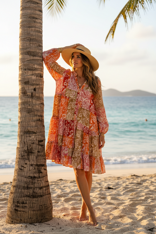 Cotton Boho Tunic/Dress - Rust Patchwork Multi Print