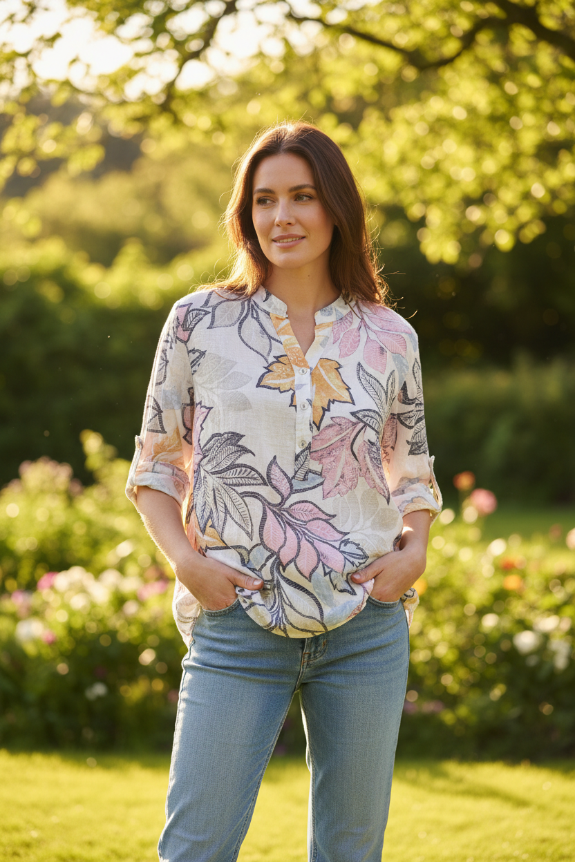 Cotton Leaf Print Shirt