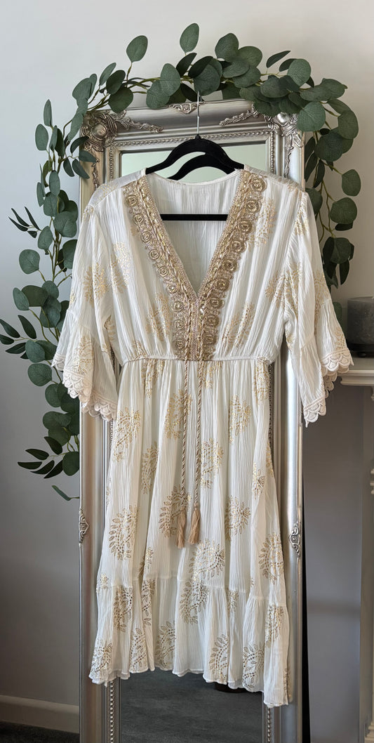 Ivory/Gold Metallic Boho Dress