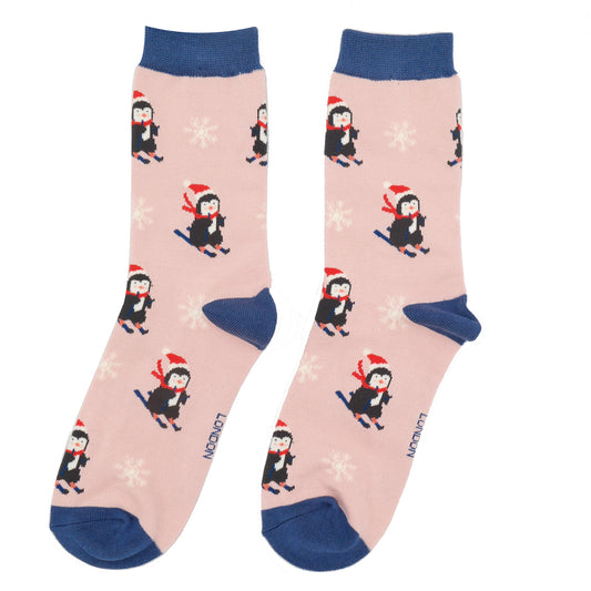 Christmas Bamboo Socks For Women - Skiing Penguins