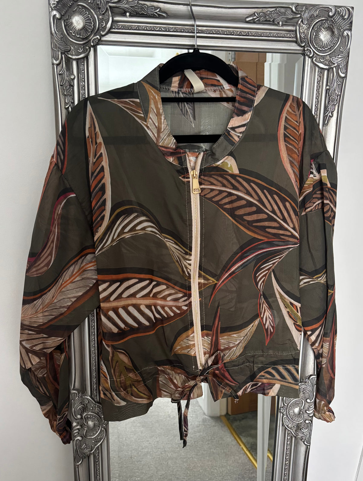 Leaf Print Chiffon Zip Jacket