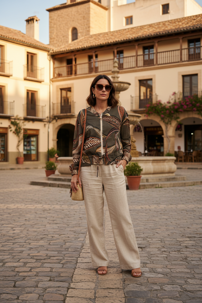 Leaf Print Chiffon Zip Jacket