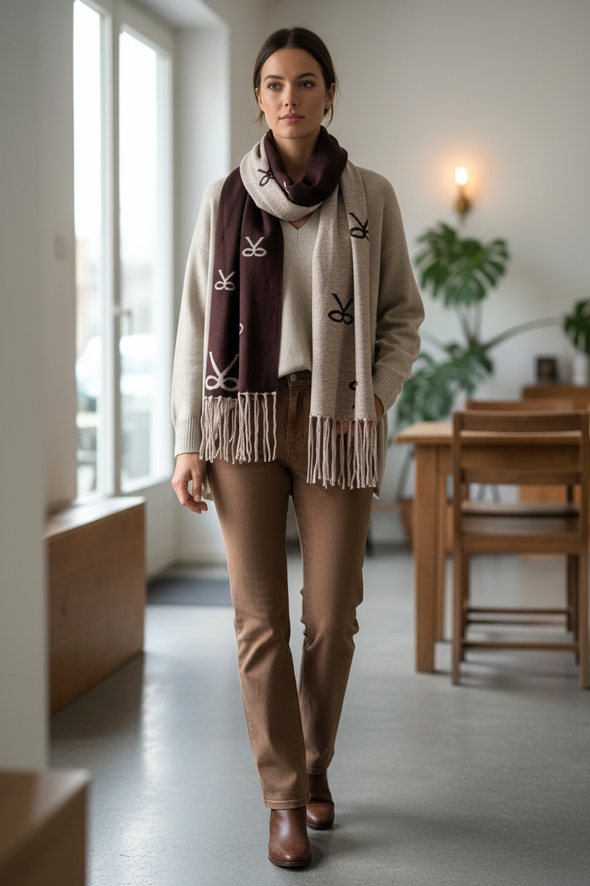 Plain Jumper With Reversible Bow Print Scarf