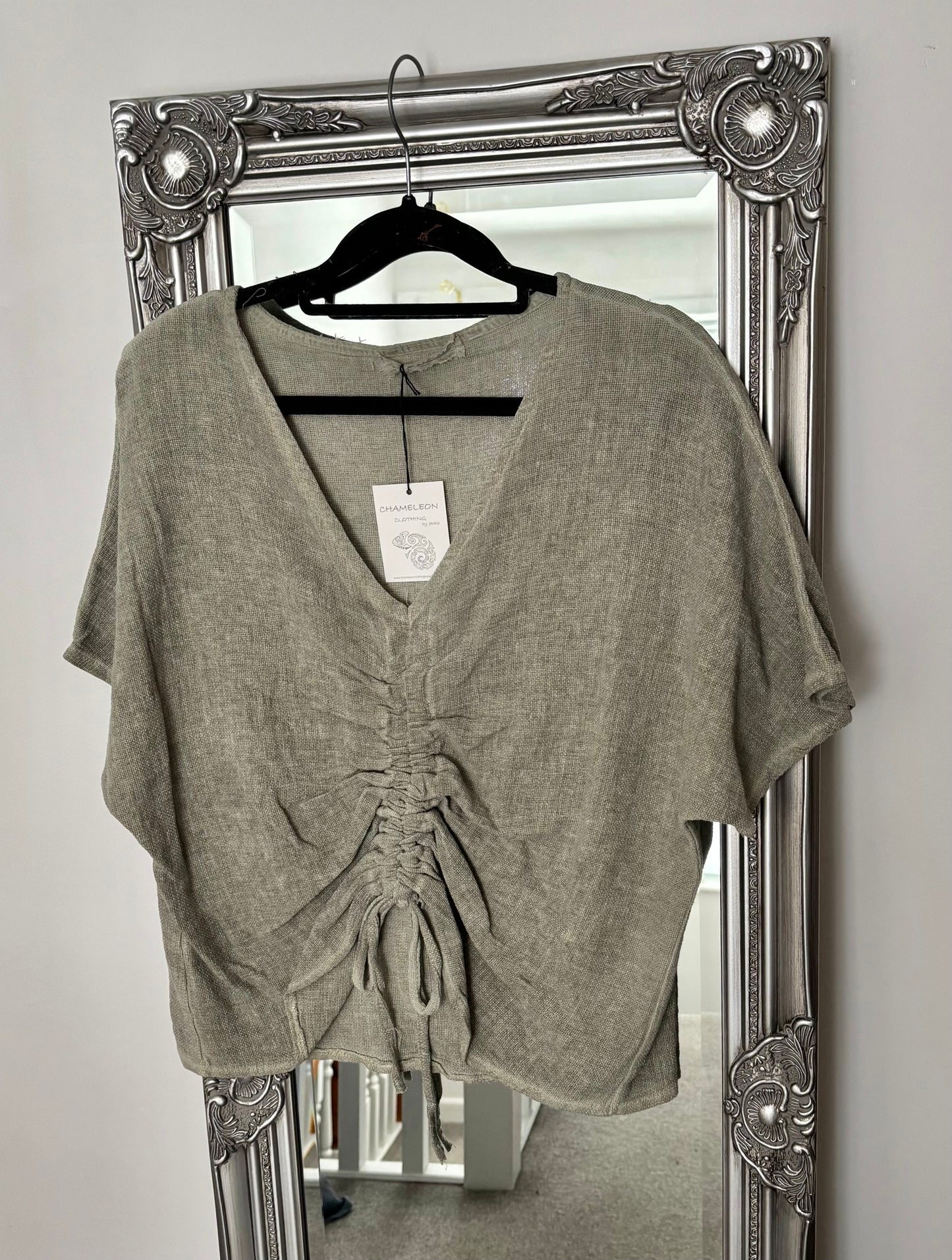 Cotton/Linen V Neck  Ruched Top