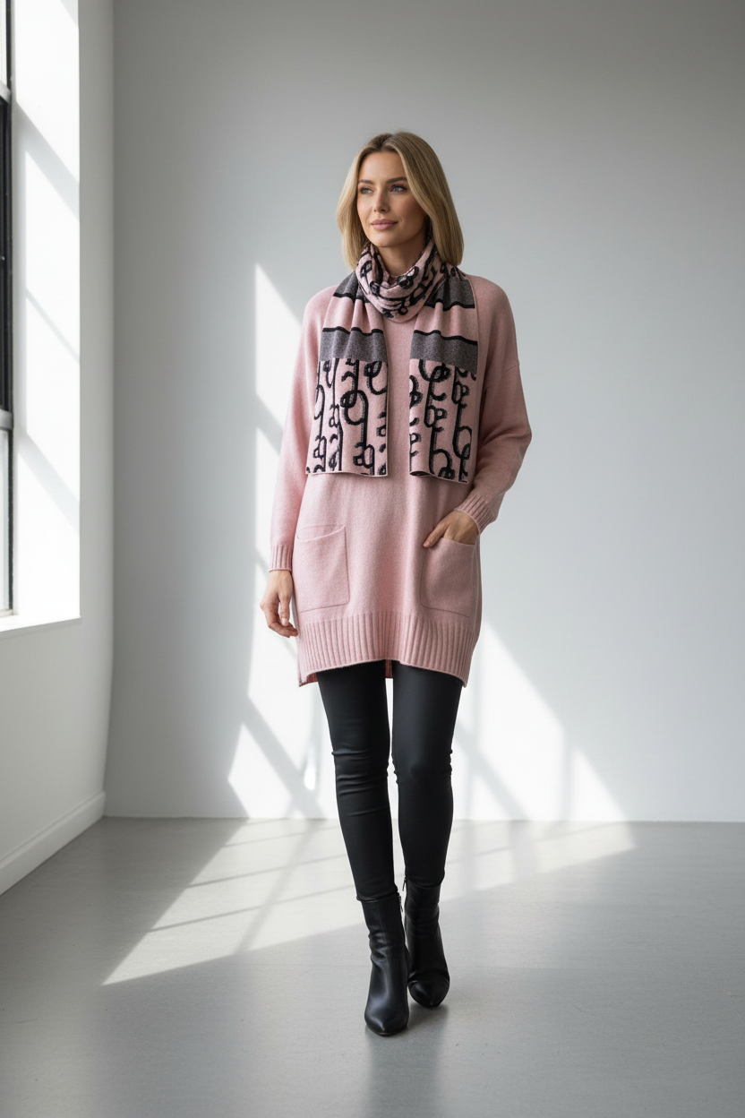 Plain Jumper/Tunic With Coordinating Printed Scarf