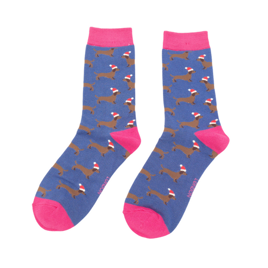 Christmas Bamboo Socks For Women - Sausage Dog Santa