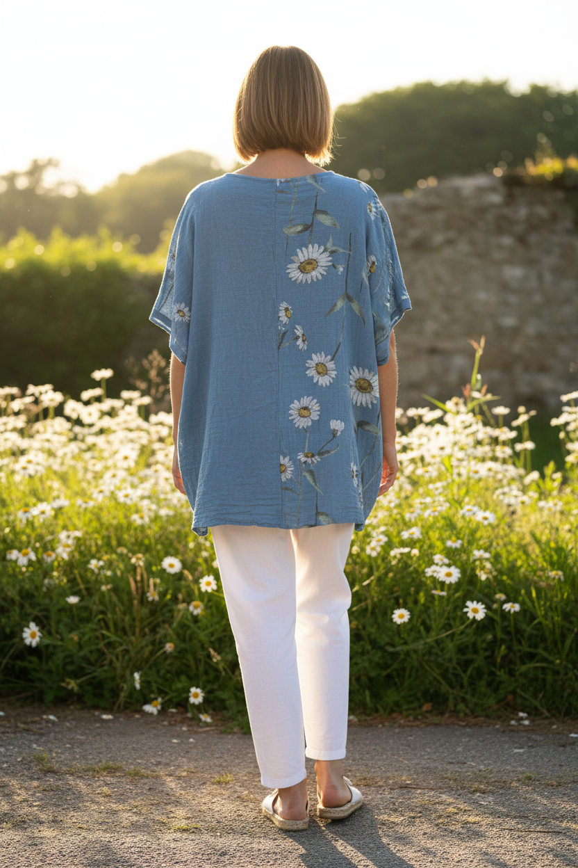 Cotton Plain And Daisy Print Tunic