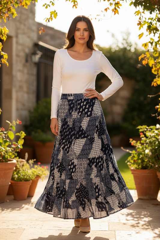 Cotton Print Skirt Patchwork - Navy/White