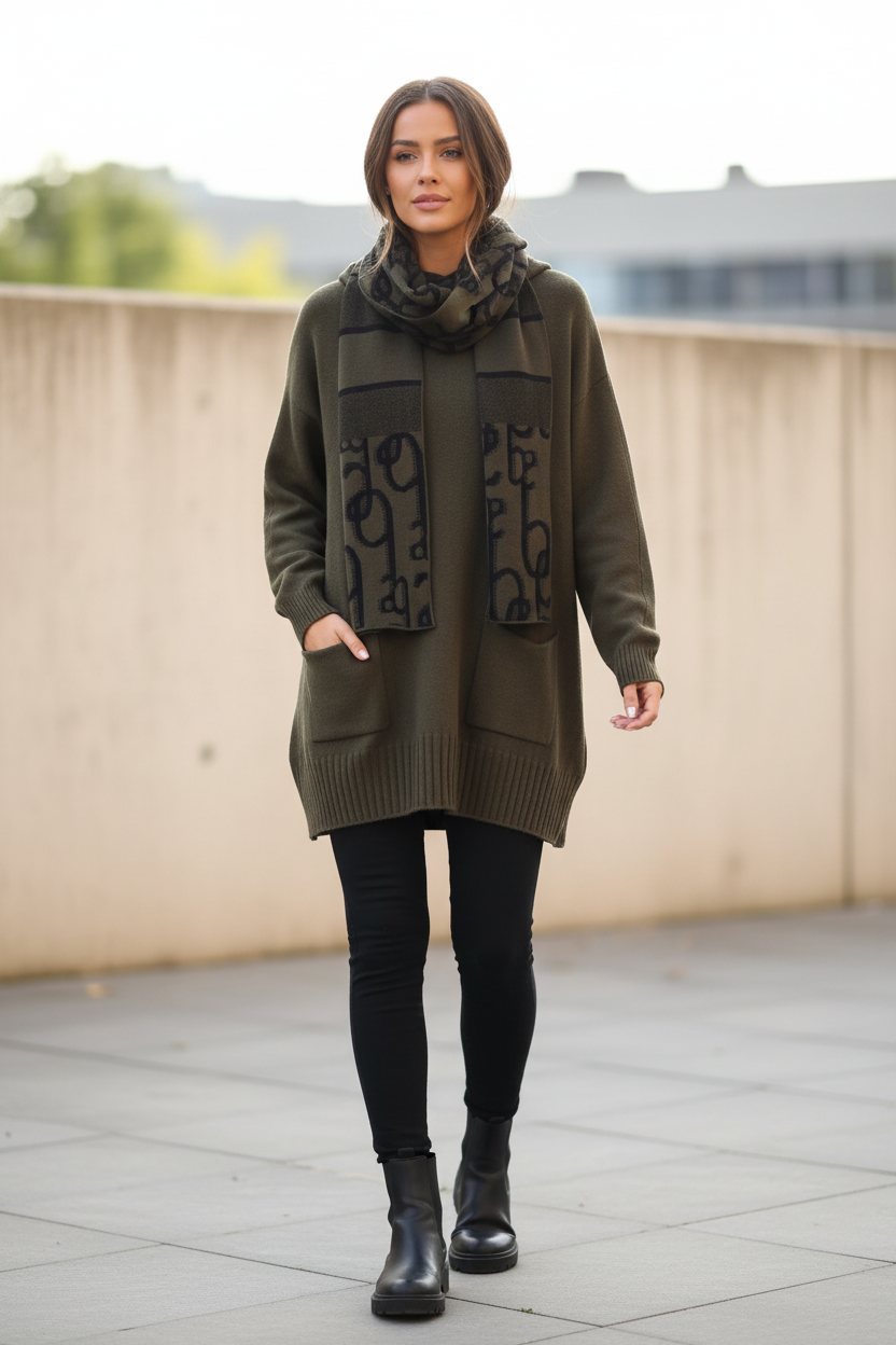 Plain Jumper/Tunic With Coordinating Printed Scarf