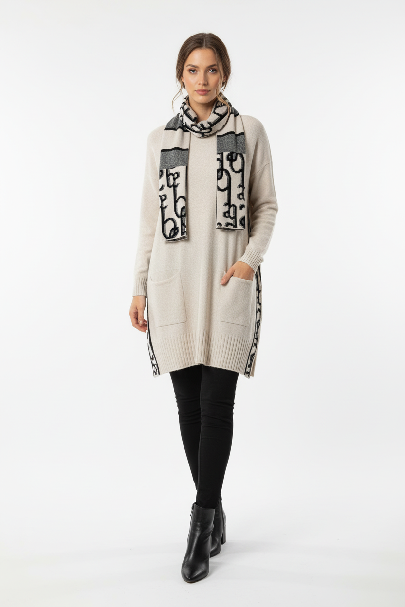 Plain Jumper/Tunic With Coordinating Printed Scarf