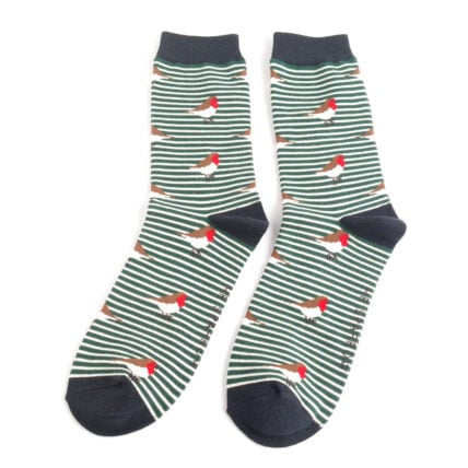 Christmas Bamboo Socks For Men - Robins on Stripes