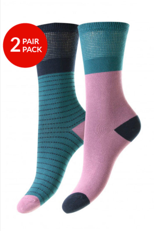 Bamboo Softop Socks For Women 2 Pair Pack - Sea Green Stripe/Block