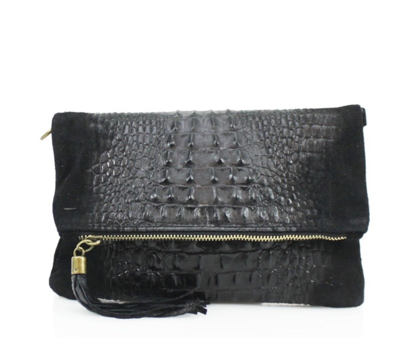 Italian Suede Leather Clutch Bag - Black