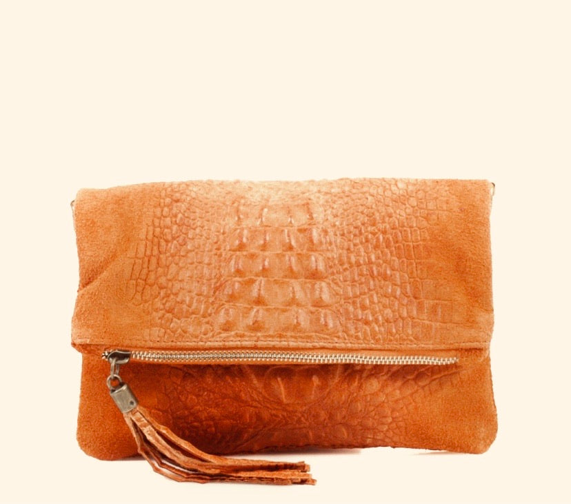 Italian Suede Leather Clutch Bag - Coral