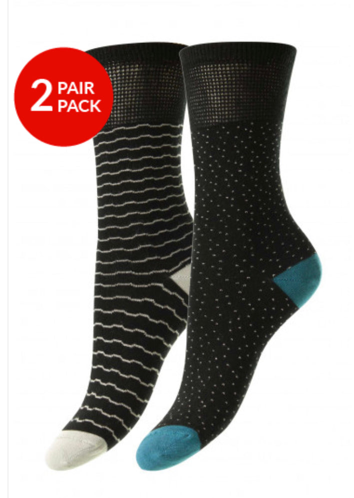 Bamboo Softop Socks For Women 2 Pair Pack - Black Dash/Wave