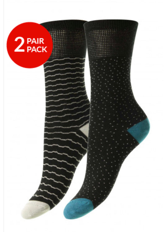 Bamboo Softop Socks For Women 2 Pair Pack - Black Dash/Wave